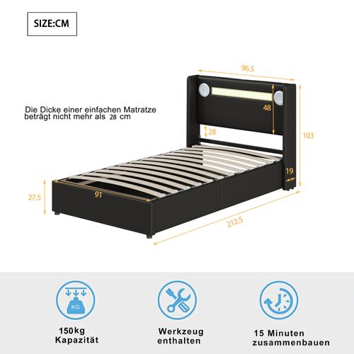 Lit Enfant 90x200 Avec LED, Haut-parleur Bluetooth, USB Et Coffre De Rangement – Pu Cuir Noir