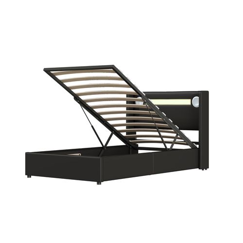 Lit Enfant 90x200 Avec LED, Haut-parleur Bluetooth, USB Et Coffre De Rangement – Pu Cuir Noir