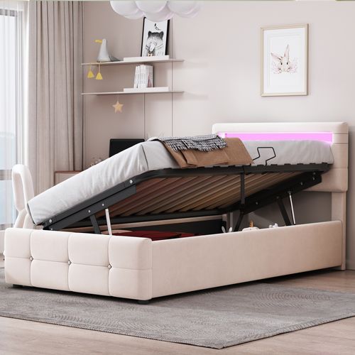 Lit Coffre Enfant 90x200 - Rangement Intégré - Tête De Lit Capitonnée - LED Télécommandée - Charge USB/C - Support 150 Kg - Sans Matelas