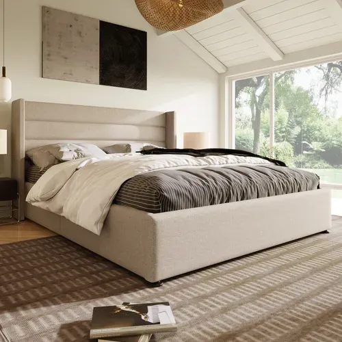 Lit Coffre 160x200 Cm En Tissu Beige, Tête De Lit Rembourrée, Sommier Hydraulique