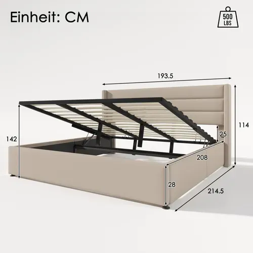Lit Coffre 180x200 Cm En Tissu Beige, Tête De Lit Rembourrée, Rangement Hydraulique