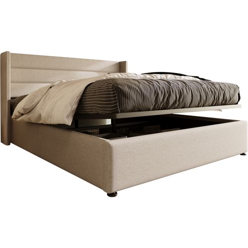Lit Coffre 180x200 Cm En Tissu Beige, Tête De Lit Rembourrée, Rangement Hydraulique
