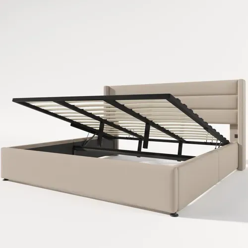 Lit Coffre 180x200 Cm En Tissu Beige, Tête De Lit Rembourrée, Rangement Hydraulique