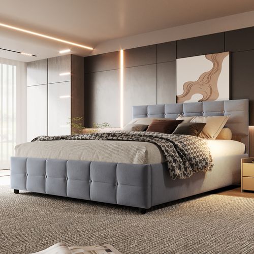 Lit Coffre Adulte 180x200 Cm En Velours Gris, Sommier, Tête De Lit Rembourrée