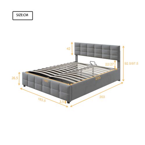 Lit Coffre Adulte 180x200 Cm En Velours Gris, Sommier, Tête De Lit Rembourrée