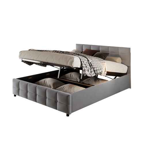Lit Coffre Adulte 180x200 Cm En Velours Gris, Sommier, Tête De Lit Rembourrée