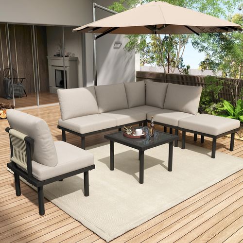 Ensemble De Canapés D'extérieur, salon de jardin, 6 Places, 1 Table Basse, Beige