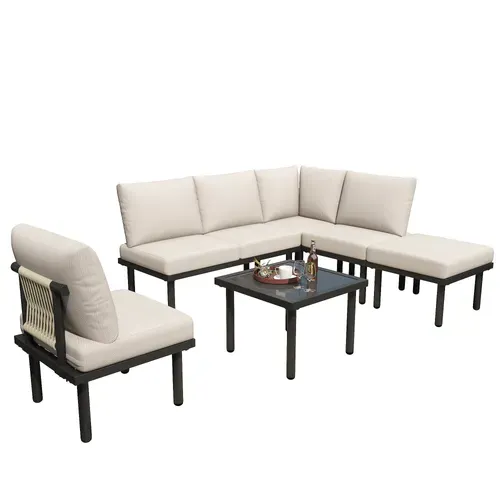 Ensemble De Canapés D'extérieur, salon de jardin, 6 Places, 1 Table Basse, Beige