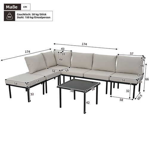 Ensemble De Canapés D'extérieur, salon de jardin, 6 Places, 1 Table Basse, Beige