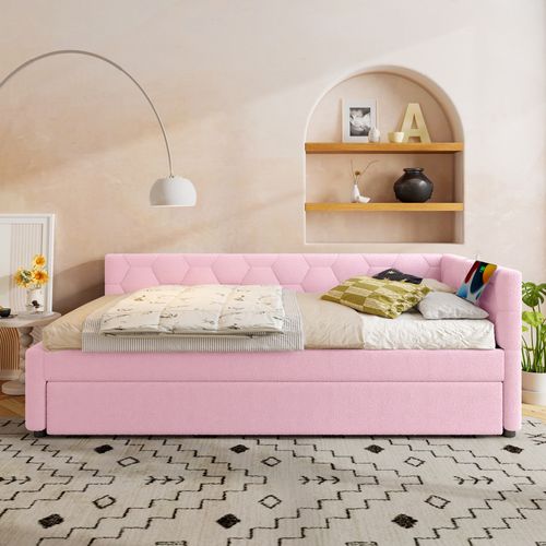 Lit Enfant 90x200cm, Avec Lit Gigogne, Avec Lampe De Chevet, Avec USB-c, Imitation Laine, Rose