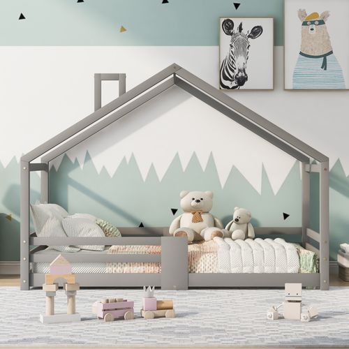 Lit Cabane Enfant 90x200 Cm En Bois De Pin, Avec Cheminée Et Barrière Anti-chute – Gris