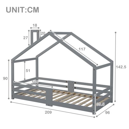 Lit Cabane Enfant 90x200 Cm En Bois De Pin, Avec Cheminée Et Barrière Anti-chute – Gris