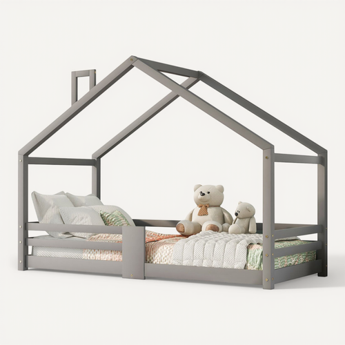Lit Cabane Enfant 90x200 Cm En Bois De Pin, Avec Cheminée Et Barrière Anti-chute – Gris