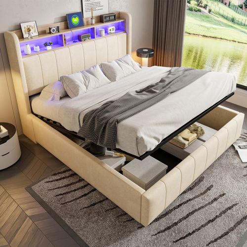 Lit Double Coffre Rembourré 160x200 Cm En Tissu Coton, Avec Tête De Lit Usb Type C Et Led Sur Trois Cotes 99340736