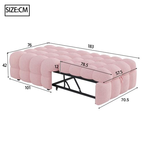 Lit Pliant Simple Rembourré 183x76x42cm, Repose-pieds 2 En 1, Canapé-lit, Tissu Teddy, Rose