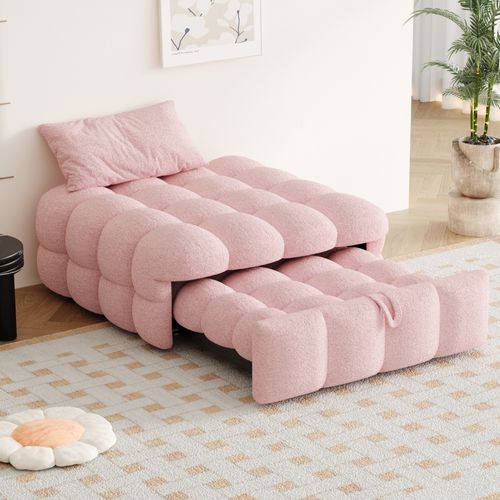 Lit Pliant Simple Rembourré 183x76x42cm, Repose-pieds 2 En 1, Canapé-lit, Tissu Teddy, Rose