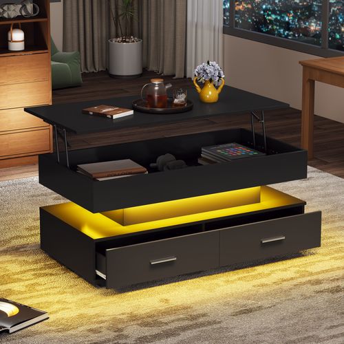 Table Basse, Table D'appoint Relevable Avec Éclairage LED Et Espace De Rangement, 2 Tiroirs, Noir