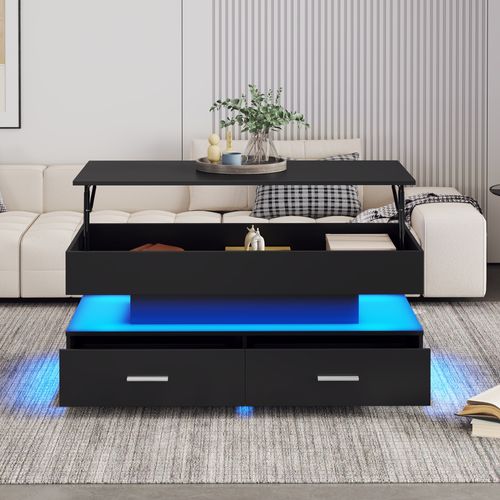 Table Basse, Table D'appoint Relevable Avec Éclairage LED Et Espace De Rangement, 2 Tiroirs, Noir
