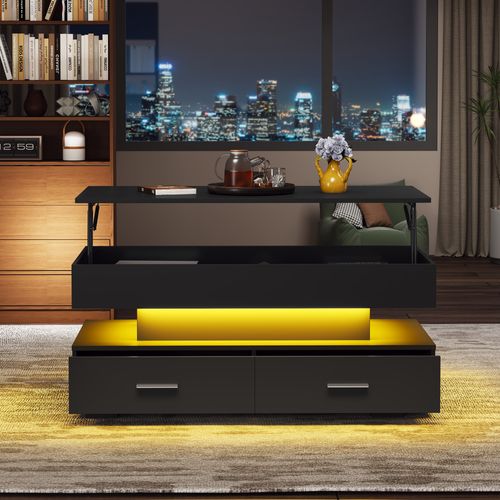 Table Basse, Table D'appoint Relevable Avec Éclairage LED Et Espace De Rangement, 2 Tiroirs, Noir