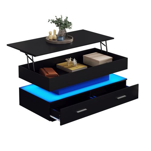 Table Basse, Table D'appoint Relevable Avec Éclairage LED Et Espace De Rangement, 2 Tiroirs, Noir