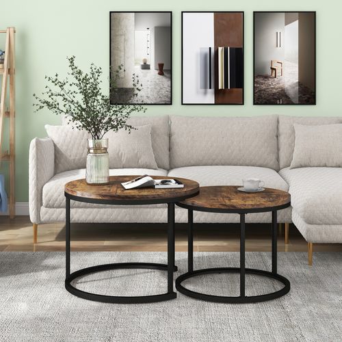 Ensemble De 2 Tables Basses Rondes De Salon, Table D'appoint Ronde Gigogne, 70.5x70.5x50 Cm, Marron