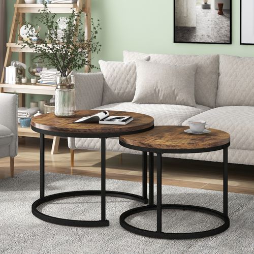 Ensemble De 2 Tables Basses Rondes De Salon, Table D'appoint Ronde Gigogne, 70.5x70.5x50 Cm, Marron