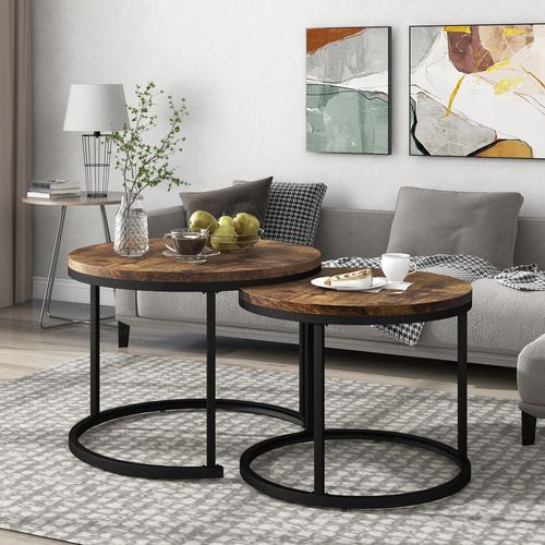 Ensemble De 2 Tables Basses Rondes De Salon, Table D'appoint Ronde Gigogne, 70.5x70.5x50 Cm, Marron