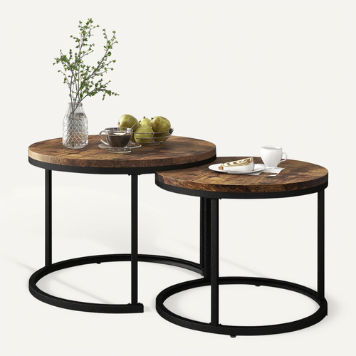 Ensemble De 2 Tables Basses Rondes De Salon, Table D'appoint Ronde Gigogne, 70.5x70.5x50 Cm, Marron