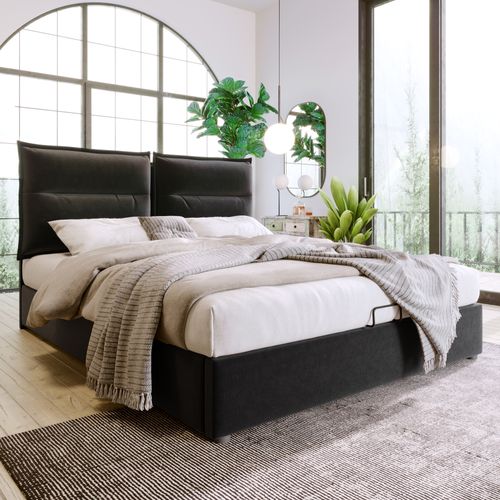 Lit 140x200 Cm Lit Coffre Adulte En Tissu Velours, Tête De Lit Réglable, Noir
