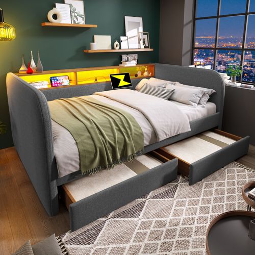 Lit Adulte 140x190 Cm Avec LED, Ports USB-c, 2 Tiroirs, Tête De Lit, Rangement, Lin Gris