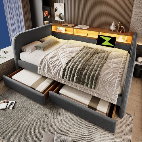 Lit Adulte 140x190 Cm Avec LED, Ports USB-c, 2 Tiroirs, Tête De Lit, Rangement, Lin Gris