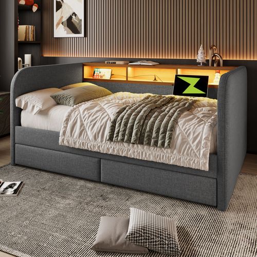 Lit Adulte 140x190 Cm Avec LED, Ports USB-c, 2 Tiroirs, Tête De Lit, Rangement, Lin Gris