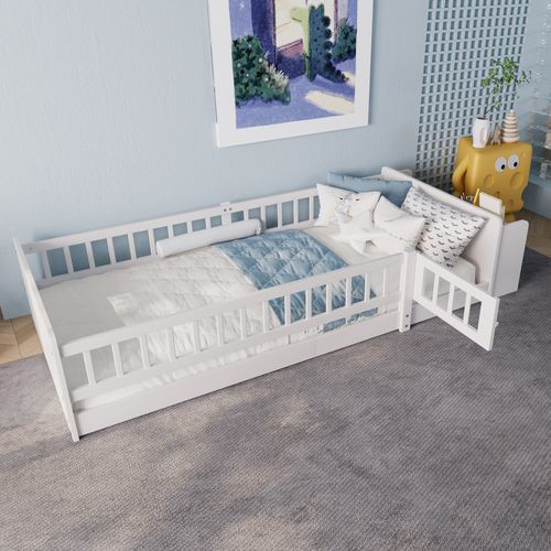 Lit Enfant 90x200 Cm En Bois De Pin, Avec Rangement Et Barrière Ouvrable, Blanc