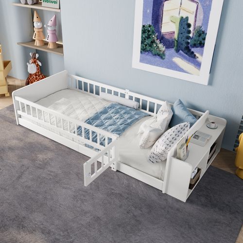 Lit Enfant 90x200 Cm En Bois De Pin, Avec Rangement Et Barrière Ouvrable, Blanc