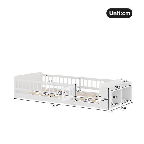 Lit Enfant 90x200 Cm En Bois De Pin, Avec Rangement Et Barrière Ouvrable, Blanc