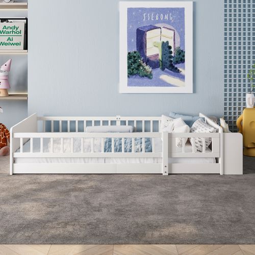 Lit Enfant 90x200 Cm En Bois De Pin, Avec Rangement Et Barrière Ouvrable, Blanc