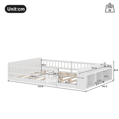 Lit Enfant 140x190 Cm En Bois De Pin, Avec Rangements Ouverts Et Barrière Ouvrable, Blanc