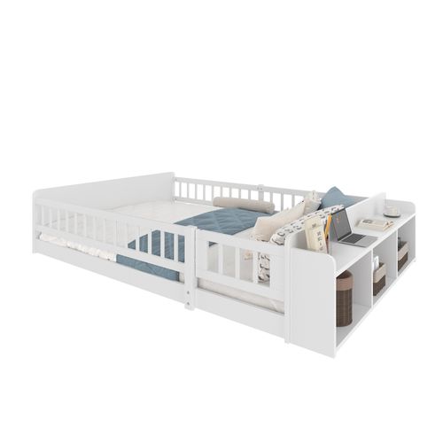 Lit Enfant 140x190 Cm En Bois De Pin, Avec Rangements Ouverts Et Barrière Ouvrable, Blanc