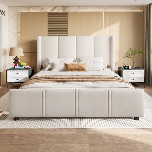 Lit Adulte 140×200 Cm Avec Tête Et Pied De Lit Hauts, USB Intégré, Cadre Métal/bois, Velours Beige