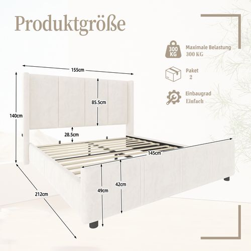 Lit Adulte 140×200 Cm Avec Tête Et Pied De Lit Hauts, USB Intégré, Cadre Métal/bois, Velours Beige