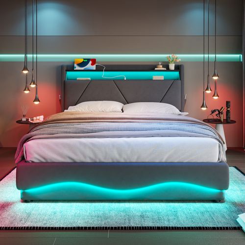 Lit Coffre Adulte 160x200 Cm Avec LED, Rangement, Ports USB, Velours Gris