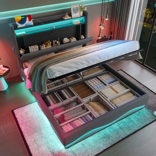 Lit Coffre Adulte 160x200 Cm Avec LED, Rangement, Ports USB, Velours Gris