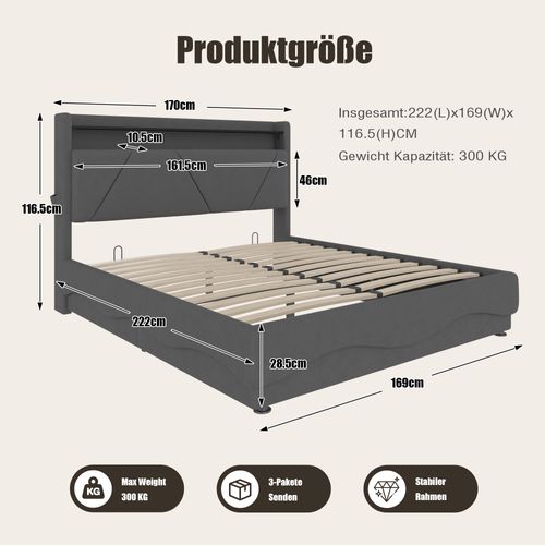 Lit Coffre Adulte 160x200 Cm Avec LED, Rangement, Ports USB, Velours Gris