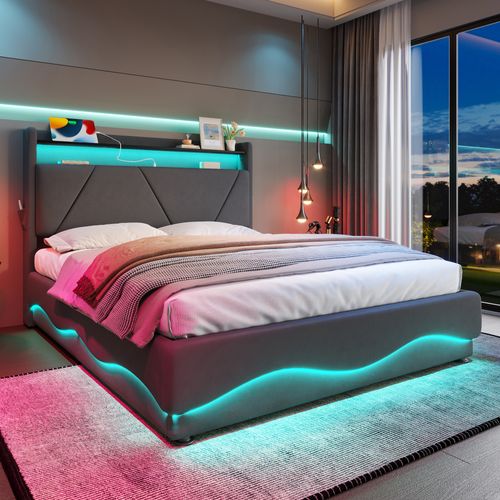 Lit Coffre Adulte 160x200 Cm Avec LED, Rangement, Ports USB, Velours Gris