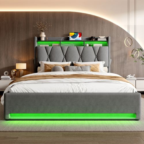 Lit De Rangement Relevable Avec LEDs & USB - 90x200 Cm, Velours, Coffre Hydraulique, Pour Enfant & Adulte (beige)