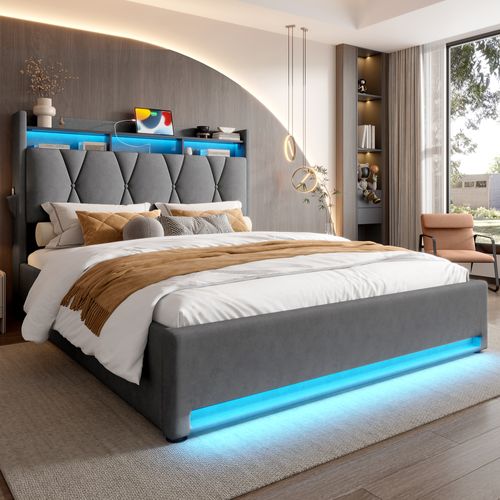 Mutuolux Lit Coffre 160x200 Avec LED Et Ports USB Et 2 Tiroirs,Lit Double Tête De Lits Avec Espace De Rangement,2 Personnes Bed Sommier à Lattes En Bois Pour Adultes