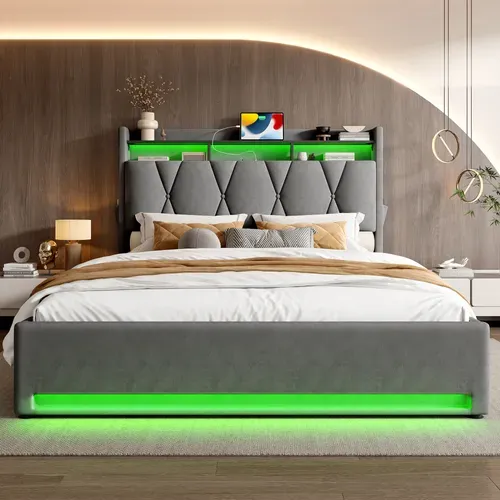 Lit Coffre Adulte 160x200 Cm Tissu Velours Avec LED, Ports USB-c, Tête Relevable, Rangement, Gris
