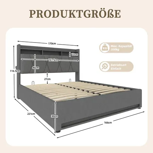 Lit Coffre Adulte 160x200 Cm Tissu Velours Avec LED, Ports USB-c, Tête Relevable, Rangement, Gris