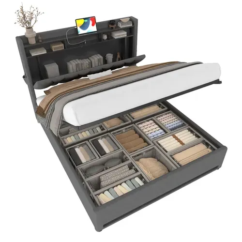 Lit Coffre Adulte 160x200 Cm Tissu Velours Avec LED, Ports USB-c, Tête Relevable, Rangement, Gris