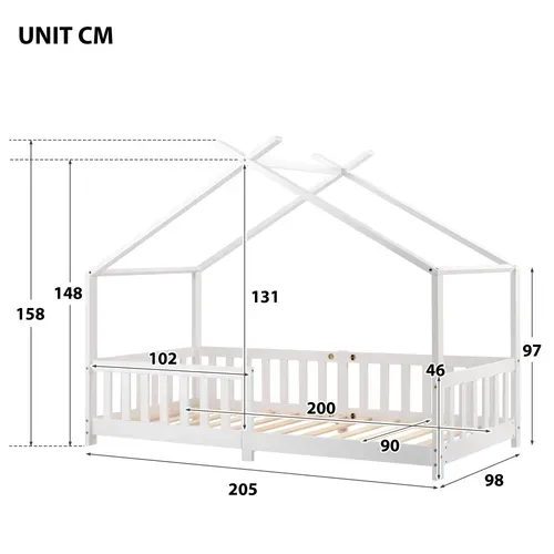 Lit Cabane Enfant 90x200 Cm En Bois Avec Barrières Et Sommier, Style Maison – Blanc